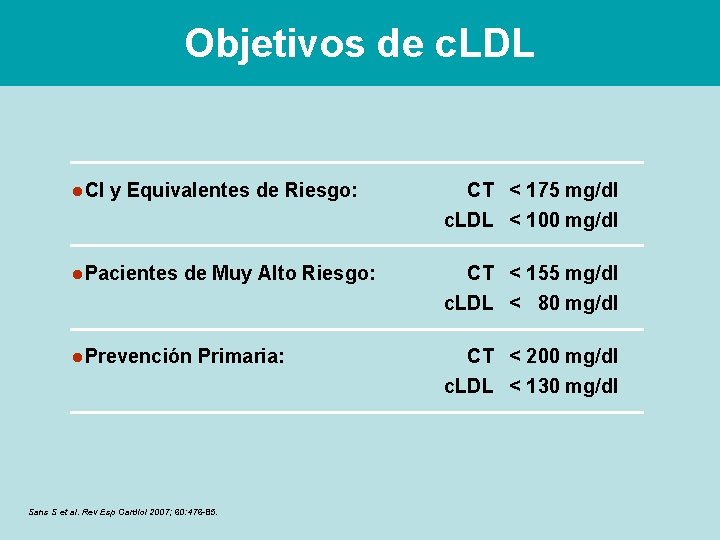 Objetivos de c. LDL ● CI y Equivalentes de Riesgo: CT < 175 mg/dl