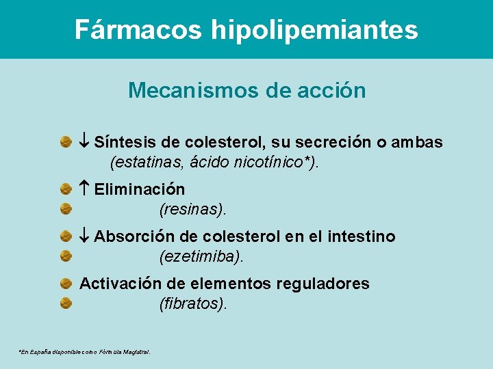 Fármacos hipolipemiantes Mecanismos de acción Síntesis de colesterol, su secreción o ambas (estatinas, ácido