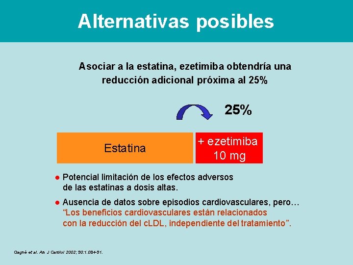 Alternativas posibles Asociar a la estatina, ezetimiba obtendría una reducción adicional próxima al 25%