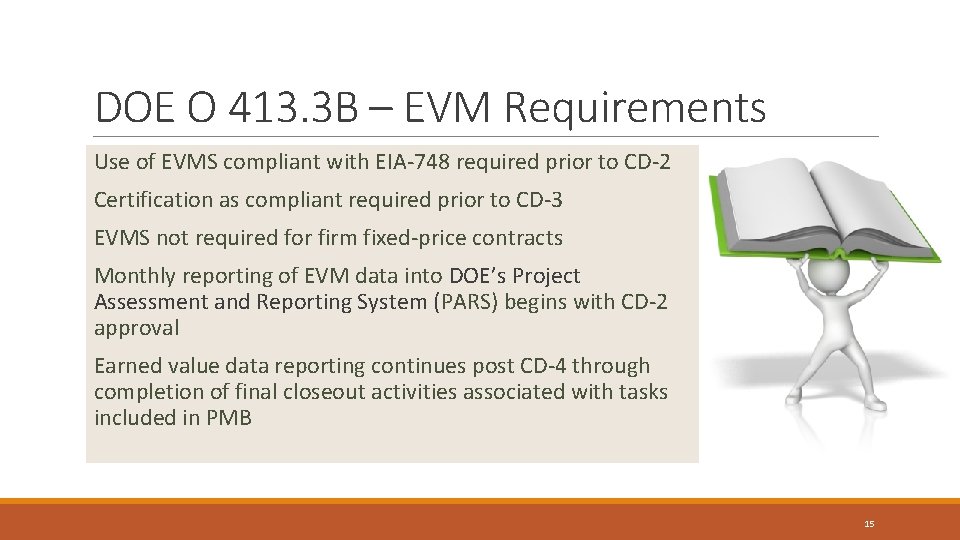 Page 15 DOE O 413. 3 B – EVM Requirements Use of EVMS compliant Page 15 DOE O 413. 3 B – EVM Requirements Use of EVMS compliant