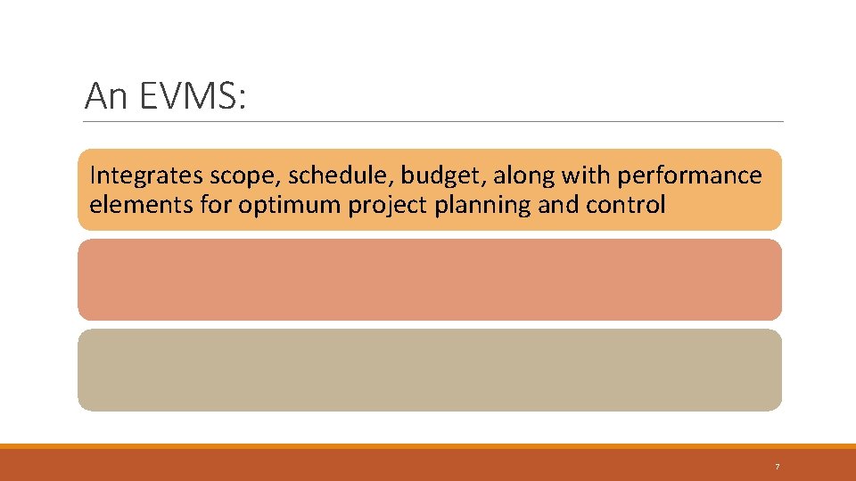 An EVMS: Integrates scope, schedule, budget, along with performance elements for optimum project planning An EVMS: Integrates scope, schedule, budget, along with performance elements for optimum project planning