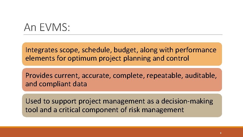 An EVMS: Integrates scope, schedule, budget, along with performance elements for optimum project planning An EVMS: Integrates scope, schedule, budget, along with performance elements for optimum project planning