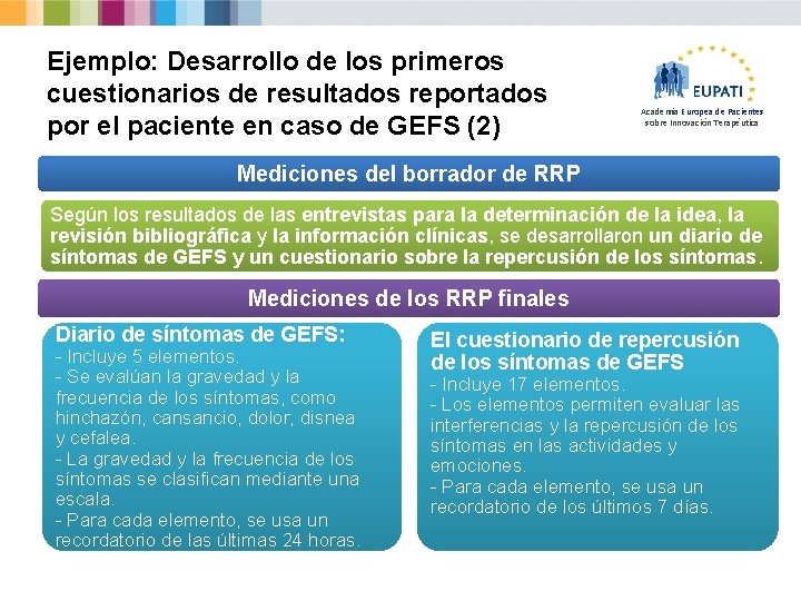 Ejemplo: Desarrollo de los primeros cuestionarios de resultados reportados por el paciente en caso