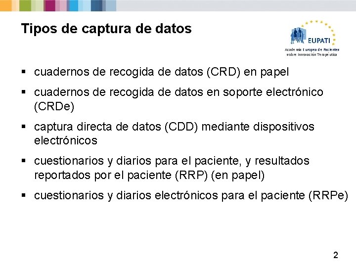 Tipos de captura de datos Academia Europea de Pacientes sobre Innovación Terapéutica § cuadernos