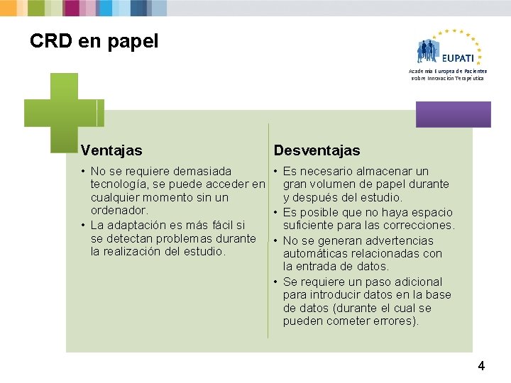 CRD en papel Academia Europea de Pacientes sobre Innovación Terapéutica Ventajas Desventajas • No