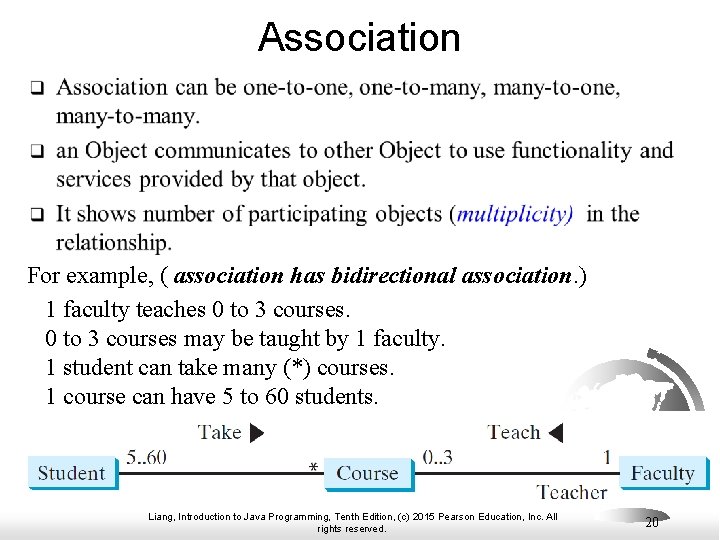 Association For example, ( association has bidirectional association. ) 1 faculty teaches 0 to