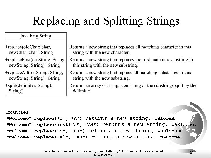 Replacing and Splitting Strings Examples "Welcome". replace('e', 'A') returns a new string, WAlcom. A.