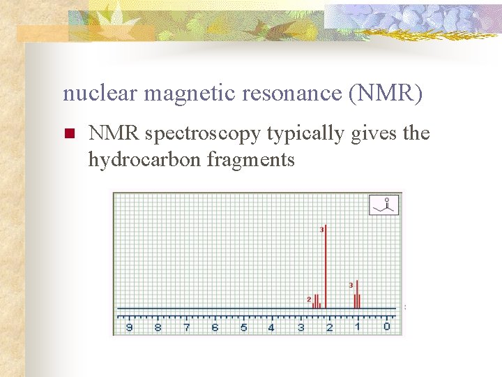 nuclear magnetic resonance (NMR) n NMR spectroscopy typically gives the hydrocarbon fragments 
