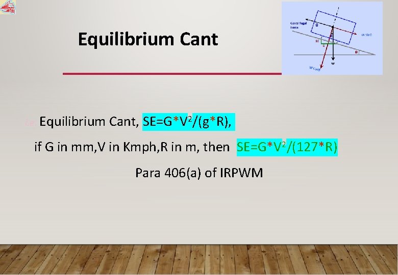 Equilibrium Cant i. e. Equilibrium Cant, SE=G*V 2/(g*R), if G in mm, V in