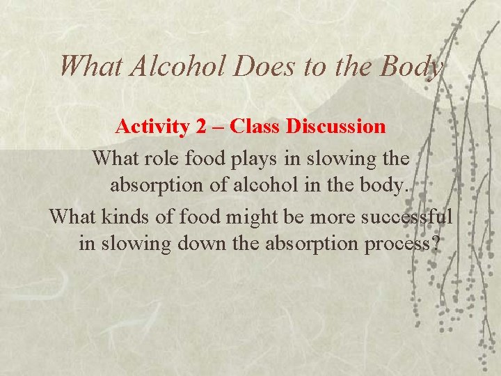 What Alcohol Does to the Body Activity 2 – Class Discussion What role food