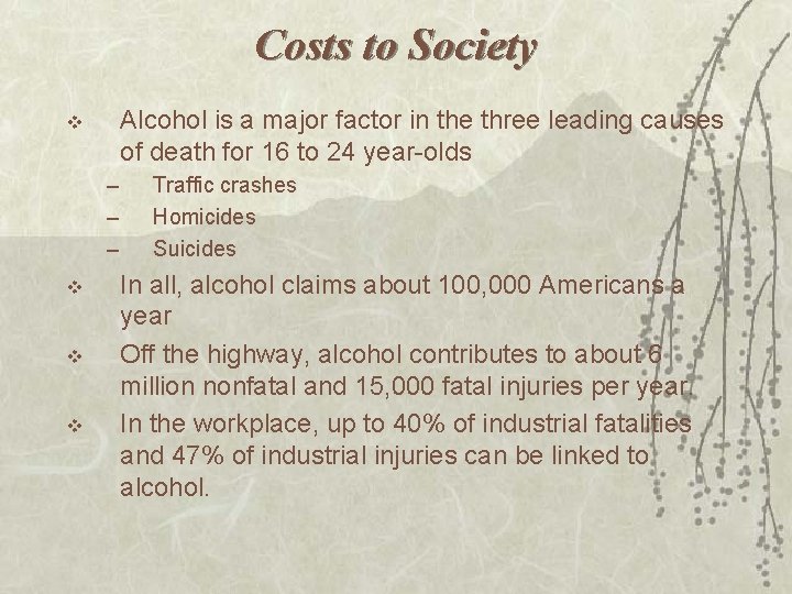 Costs to Society Alcohol is a major factor in the three leading causes of