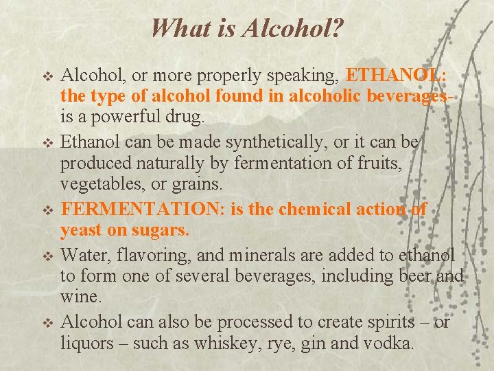 What is Alcohol? v v v Alcohol, or more properly speaking, ETHANOL: the type