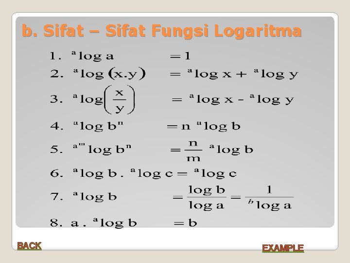 b. Sifat – Sifat Fungsi Logaritma BACK EXAMPLE 