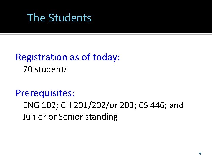 The Students Registration as of today: 70 students Prerequisites: ENG 102; CH 201/202/or 203;