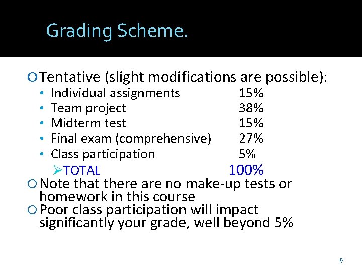 Grading Scheme. Tentative (slight modifications are possible): • Individual assignments 15% • Team project