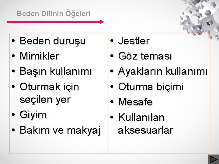 Beden Dilinin Öğeleri • • Beden duruşu Mimikler Başın kullanımı Oturmak için seçilen yer