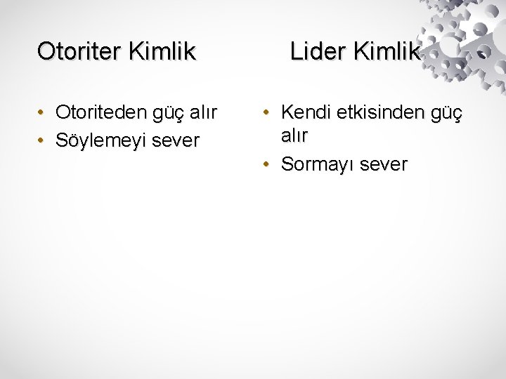 Otoriter Kimlik • Otoriteden güç alır • Söylemeyi sever Lider Kimlik • Kendi etkisinden