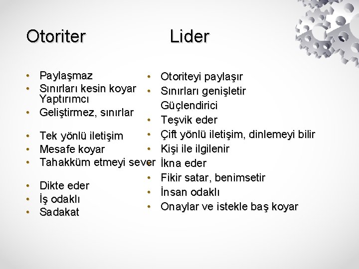 Otoriter Lider • Paylaşmaz • Otoriteyi paylaşır • Sınırları kesin koyar • Sınırları genişletir