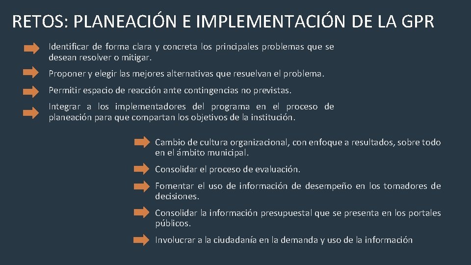 RETOS: PLANEACIÓN E IMPLEMENTACIÓN DE LA GPR Identificar de forma clara y concreta los