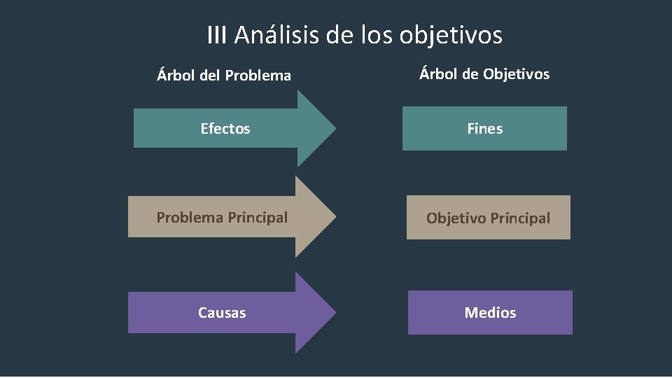 III Análisis de los objetivos Árbol del Problema Árbol de Objetivos Efectos Fines Problema