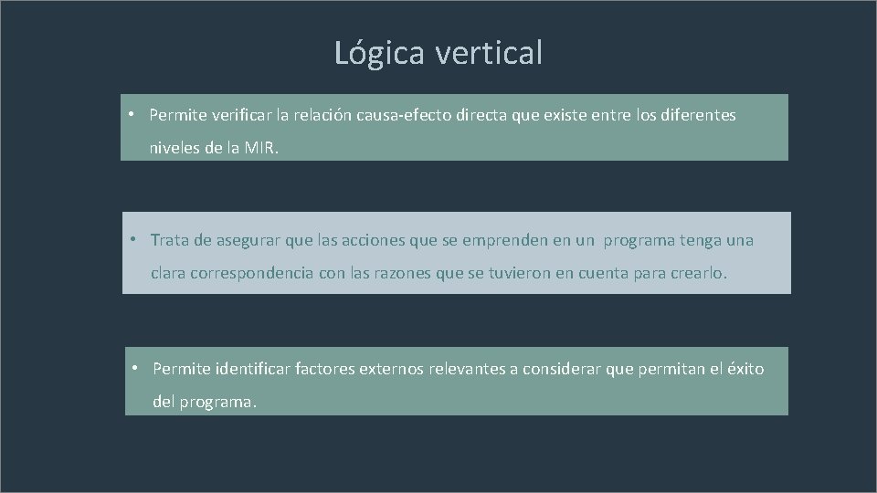 Lógica vertical • Permite verificar la relación causa-efecto directa que existe entre los diferentes