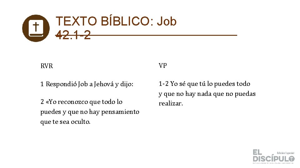 TEXTO BÍBLICO: Job 42. 1 -2 RVR VP 1 Respondió Job a Jehová y