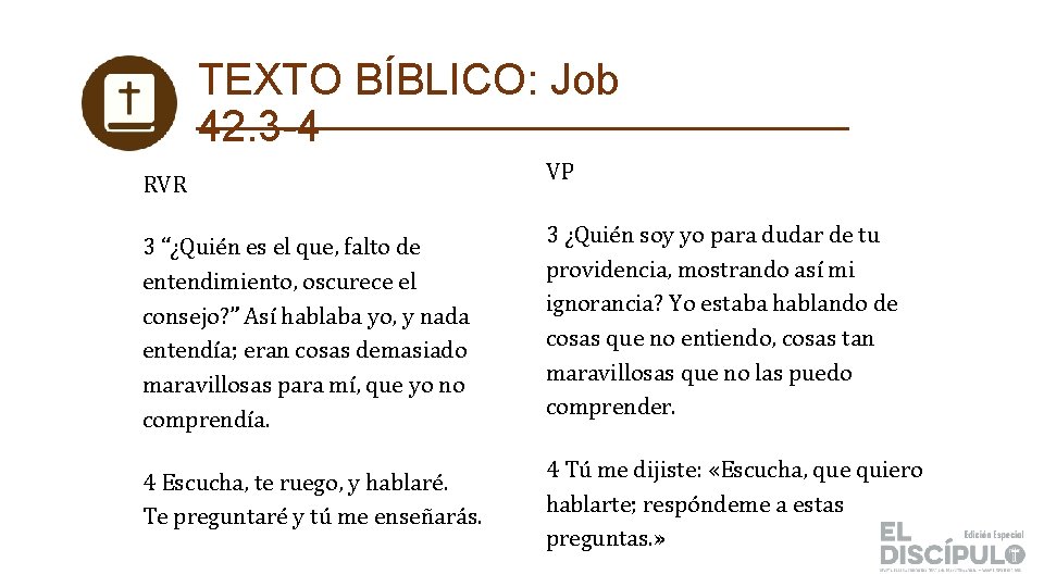TEXTO BÍBLICO: Job 42. 3 -4 RVR 3 “¿Quién es el que, falto de