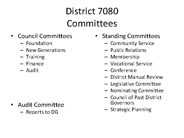 District 7080 Committees • Council Committees – – – Foundation New Generations Training Finance
