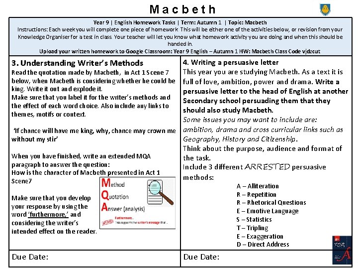 Macbeth Year 9 | English Homework Tasks | Term: Autumn 1 | Topic: Macbeth