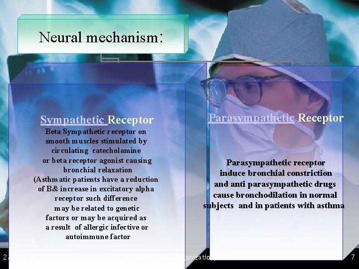 Neural mechanism: Sympathetic Receptor Parasympathetic Receptor Beta Sympathetic receptor on smooth muscles stimulated by