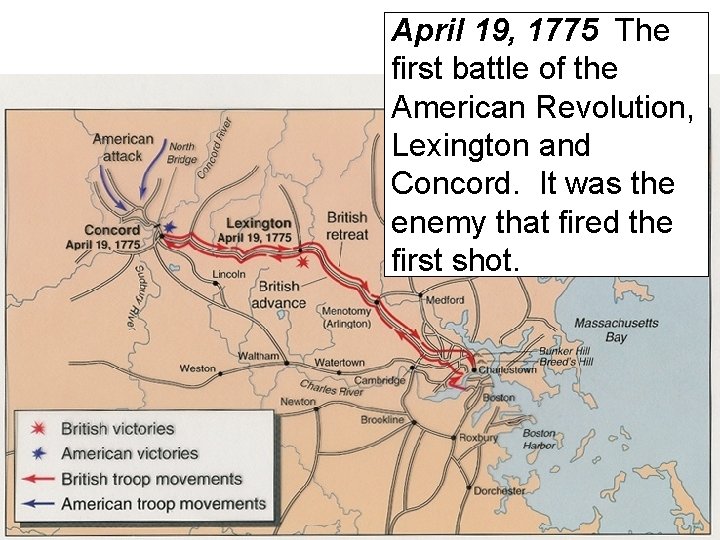 April 19, 1775 The first battle of the American Revolution, Lexington and Concord. It