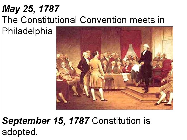 May 25, 1787 The Constitutional Convention meets in Philadelphia September 15, 1787 Constitution is