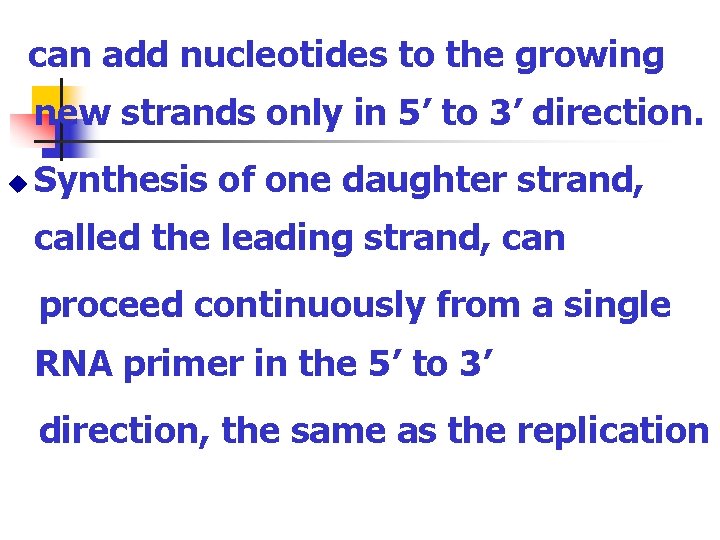 can add nucleotides to the growing new strands only in 5’ to 3’ direction.