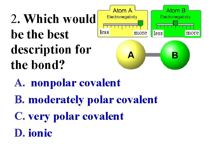 2. Which would be the best description for the bond? A. nonpolar covalent B.