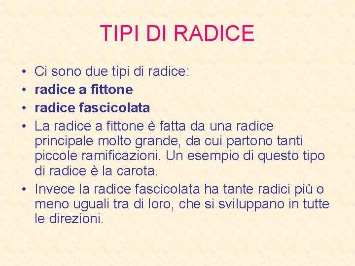 TIPI DI RADICE • • Ci sono due tipi di radice: radice a fittone