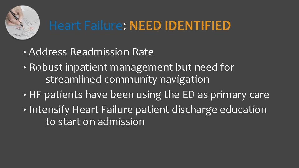 Heart Failure: NEED IDENTIFIED • Address Readmission Rate • Robust inpatient management but need