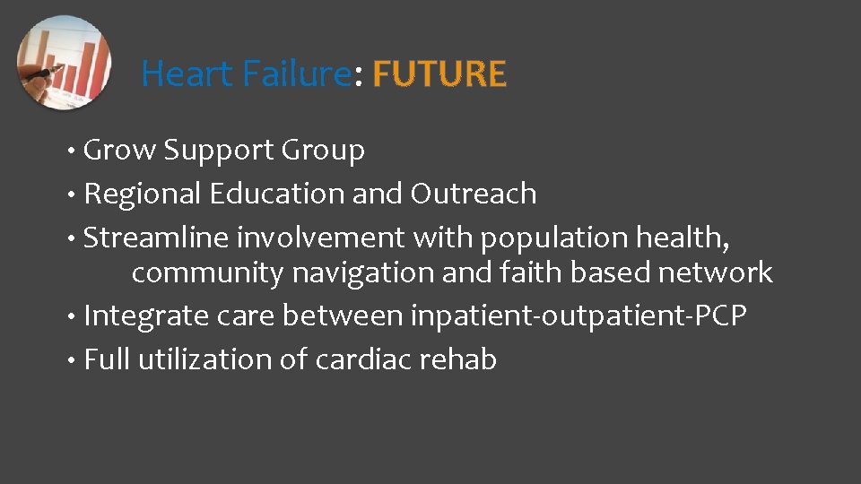 Heart Failure: FUTURE • Grow Support Group • Regional Education and Outreach • Streamline