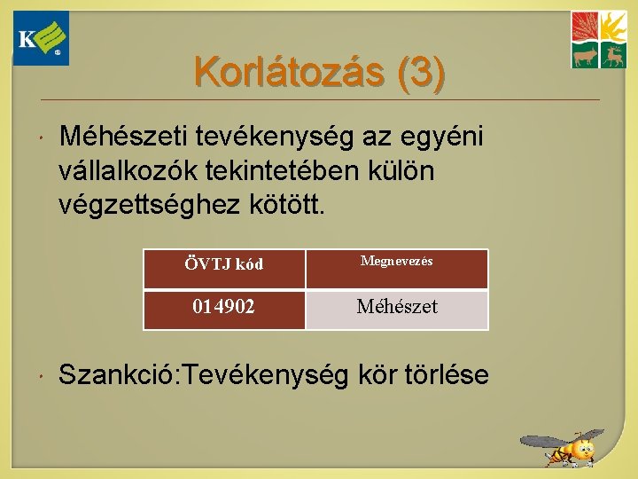 Korlátozás (3) Méhészeti tevékenység az egyéni vállalkozók tekintetében külön végzettséghez kötött. ÖVTJ kód Megnevezés