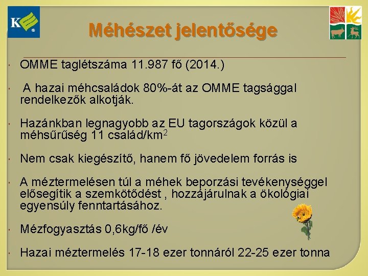 Méhészet jelentősége OMME taglétszáma 11. 987 fő (2014. ) A hazai méhcsaládok 80%-át az