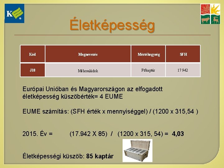 Életképesség Kód Megnevezés Mértékegység SFH J 18 Méhcsaládok Ft/kaptár 17 942 Európai Unióban és