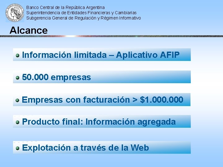 Banco Central de la República Argentina Superintendencia de Entidades Financieras y Cambiarias Subgerencia General