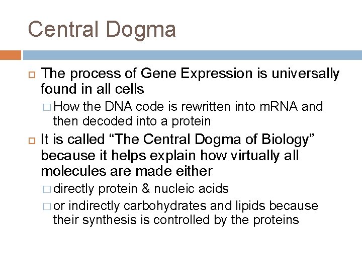 Central Dogma The process of Gene Expression is universally found in all cells �