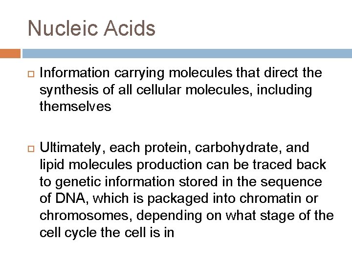 Nucleic Acids Information carrying molecules that direct the synthesis of all cellular molecules, including