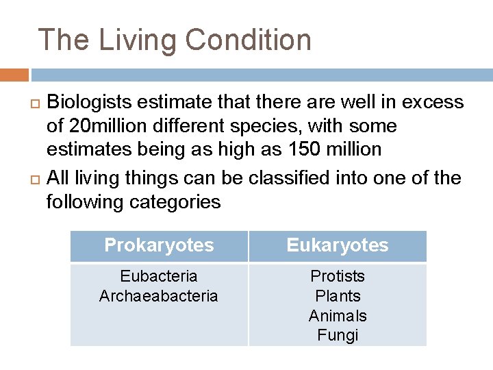 The Living Condition Biologists estimate that there are well in excess of 20 million