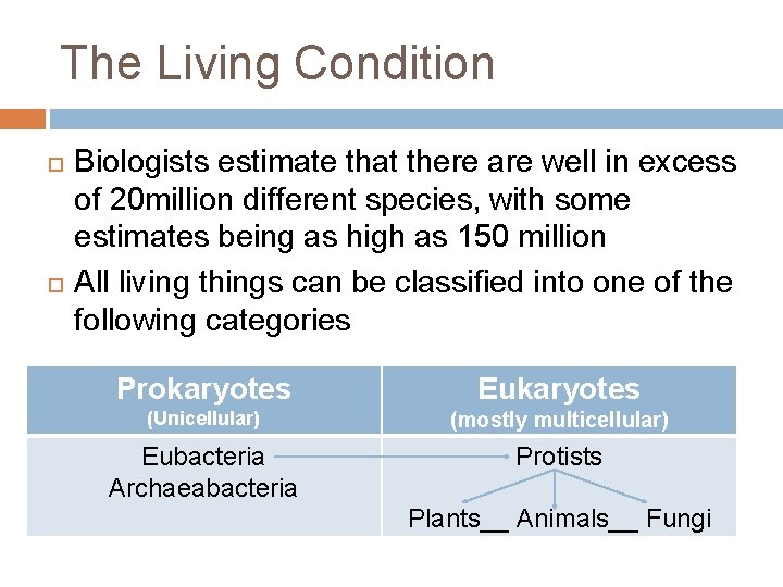 The Living Condition Biologists estimate that there are well in excess of 20 million