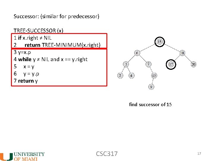 Successor: (similar for predecessor) TREE-SUCCESSOR (x) 1 if x. right ≠ NIL 2 return