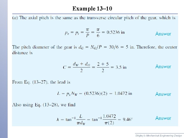 Example 13– 10 Shigley’s Mechanical Engineering Design 