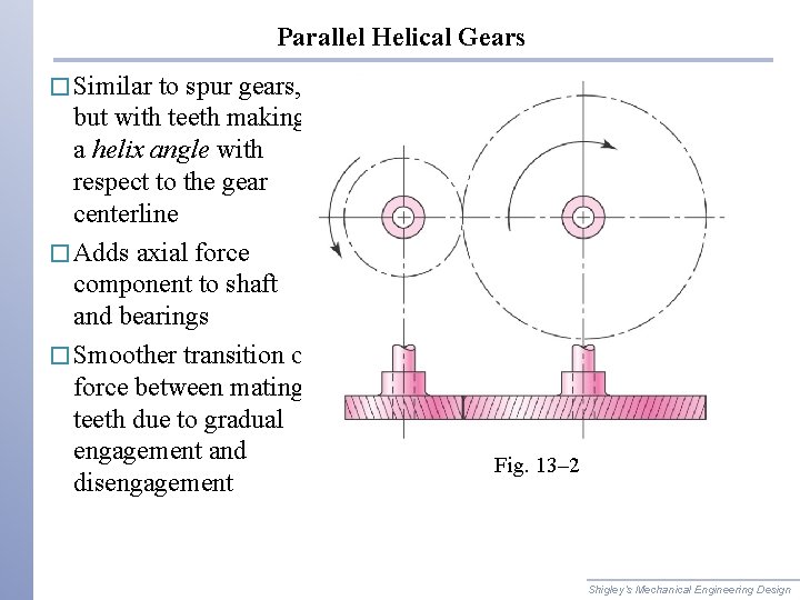 Parallel Helical Gears � Similar to spur gears, but with teeth making a helix