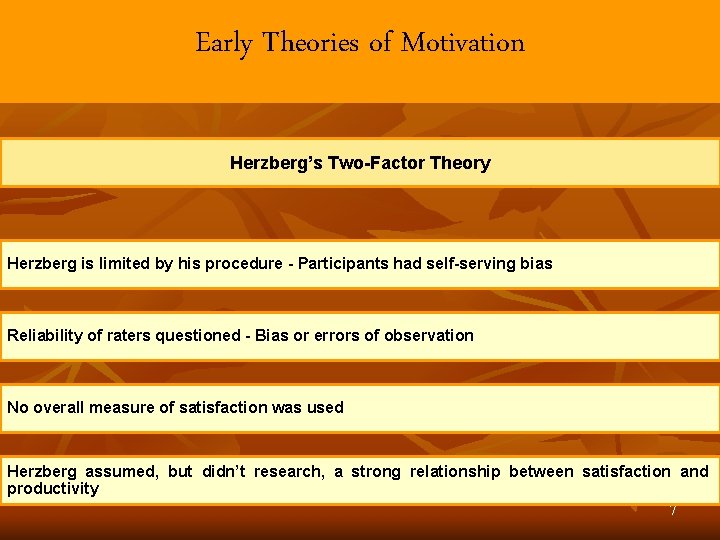Early Theories of Motivation Herzberg’s Two-Factor Theory Herzberg is limited by his procedure -