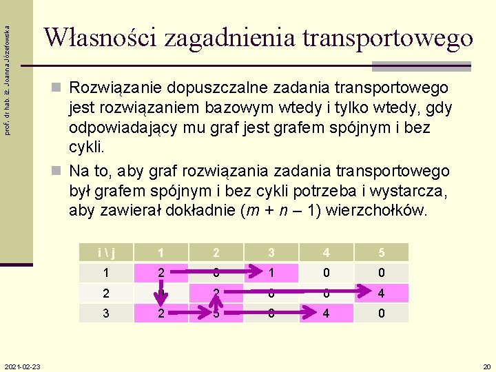 prof. dr hab. iż. Joanna Józefowska 2021 -02 -23 Własności zagadnienia transportowego n Rozwiązanie